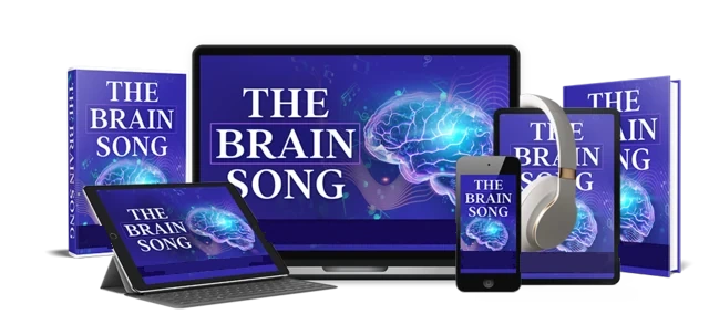 The Brain Song audio shown on a laptop, phone and book cover in the seller's mockup image